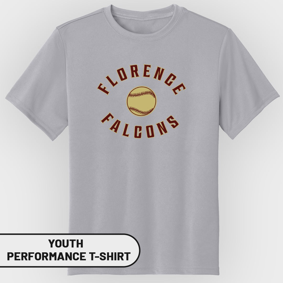 Grey youth performance t-shirt with "Florence Falcons" and baseball graphic.