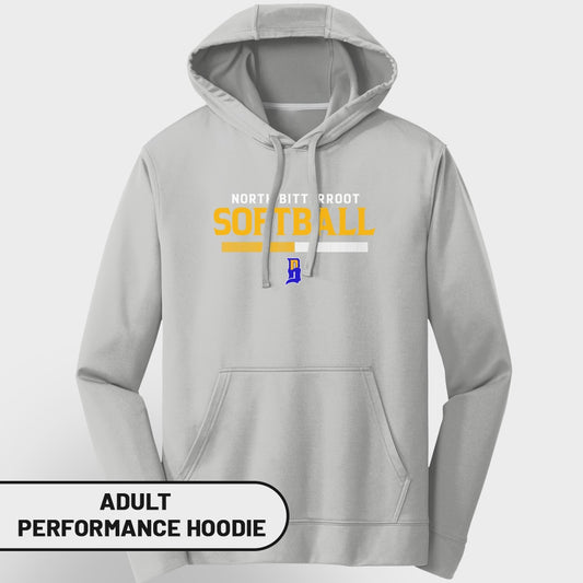Gray adult performance hoodie with "North BITT RROOT SOFTBALL" text.