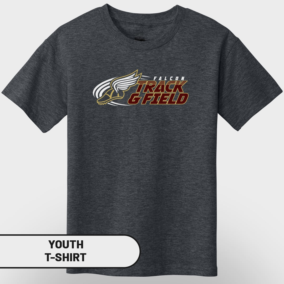 Youth dark grey t-shirt with Falcon Track & Field logo.