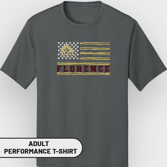 Dark grey adult performance t-shirt with American flag graphic and "Florence" text.