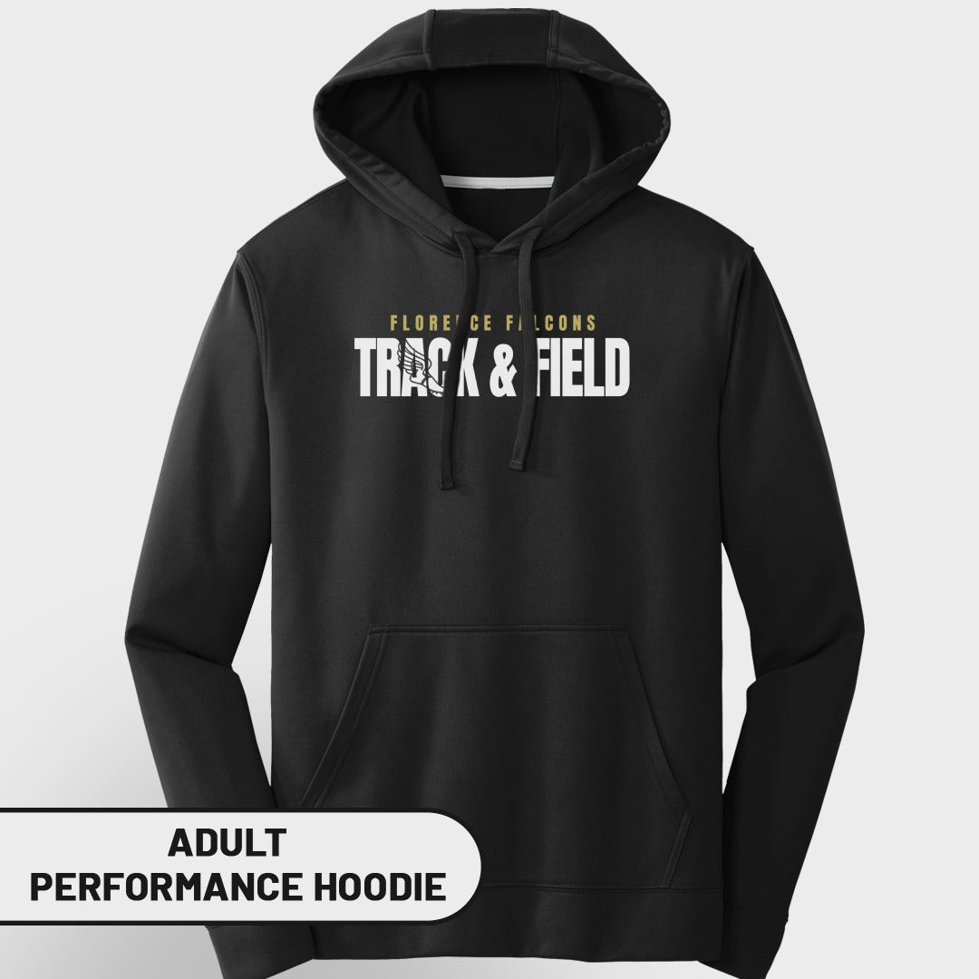 Black adult performance hoodie with Florence Falcons Track & Field text.
