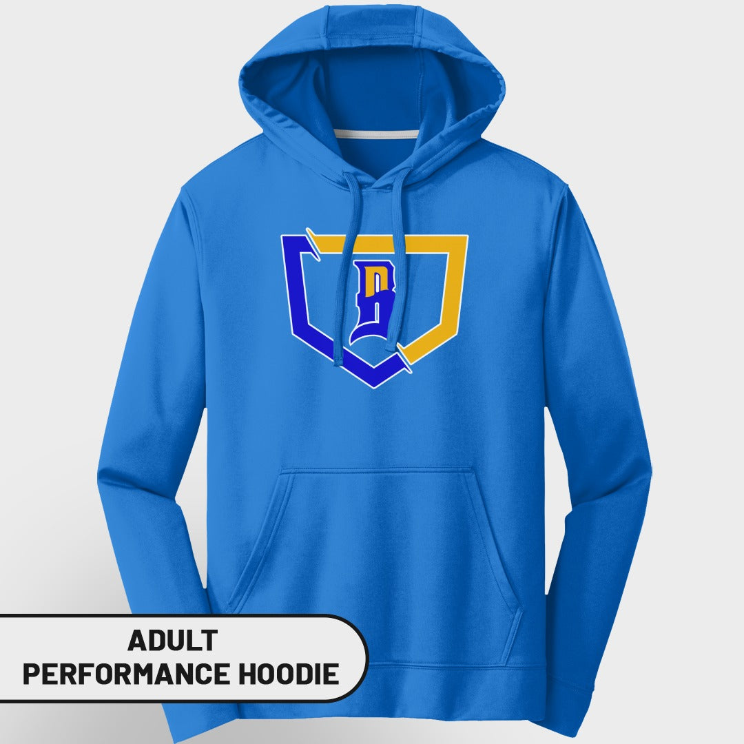 Blue adult performance hoodie with a yellow and blue "B" shield logo.