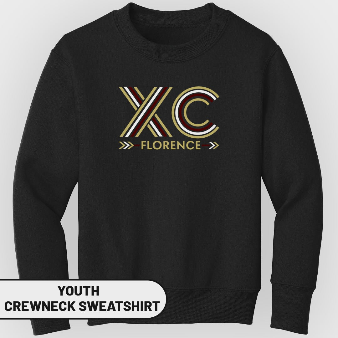Black youth crewneck sweatshirt with "XC Florence" graphic.
