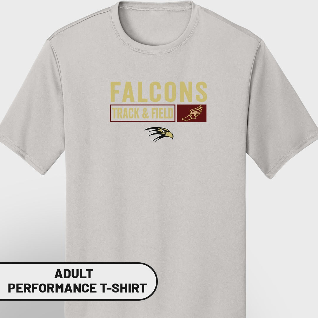 Adult light grey performance t-shirt with "FALCONS TRACK & FIELD" logo and eagle.
