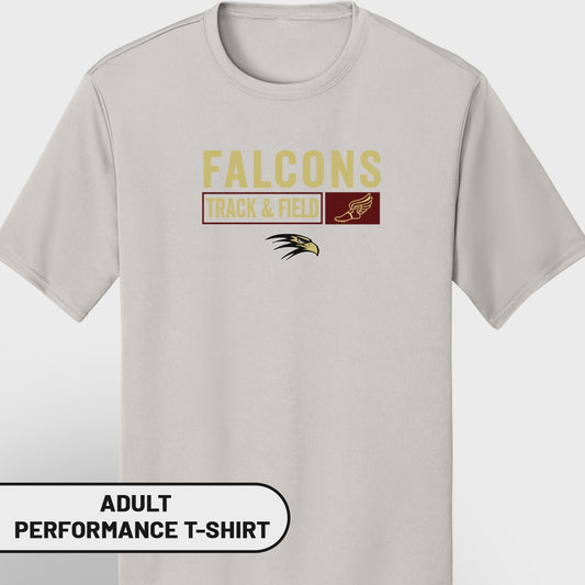 Adult light grey performance t-shirt with "FALCONS TRACK & FIELD" logo and eagle.