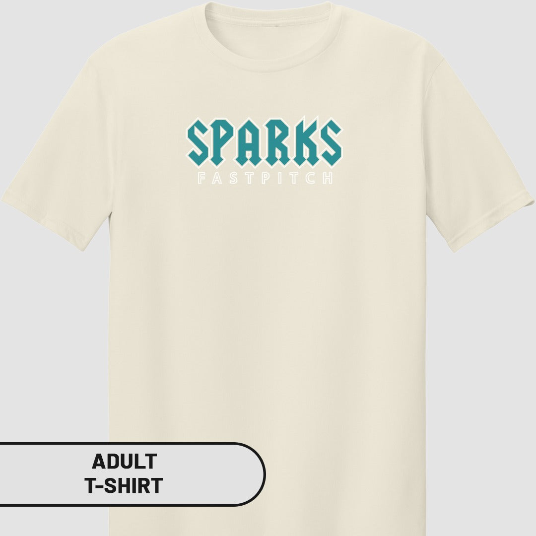 Cream t-shirt with "SPARKS FASTPITCH" logo in teal text.