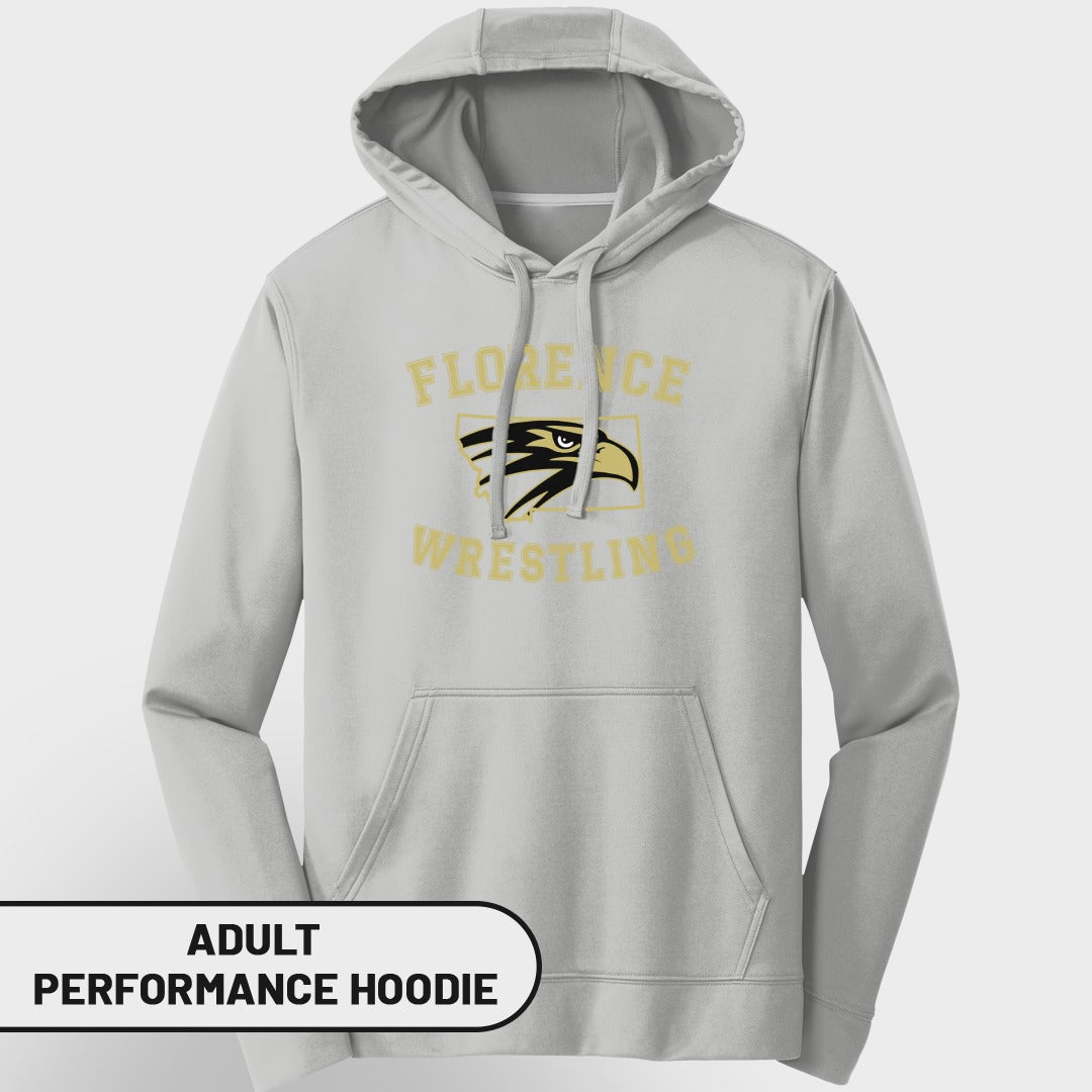 Light gray adult performance hoodie with Florence Wrestling eagle graphic.