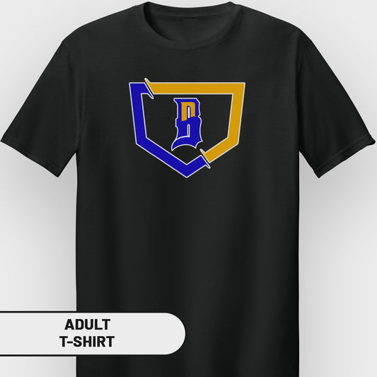 Black adult t-shirt with blue and gold shield logo.