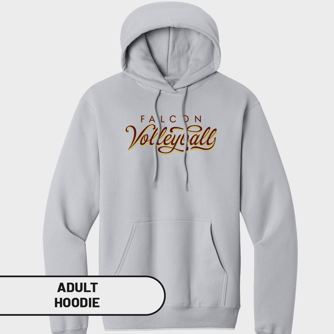 Light grey adult hoodie with "Falcon Volleyball" text in script.