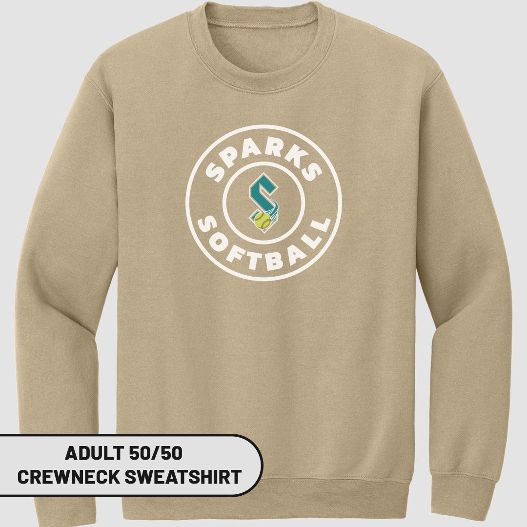 Tan crewneck sweatshirt with "Sparks Softball" logo in white and teal circle.