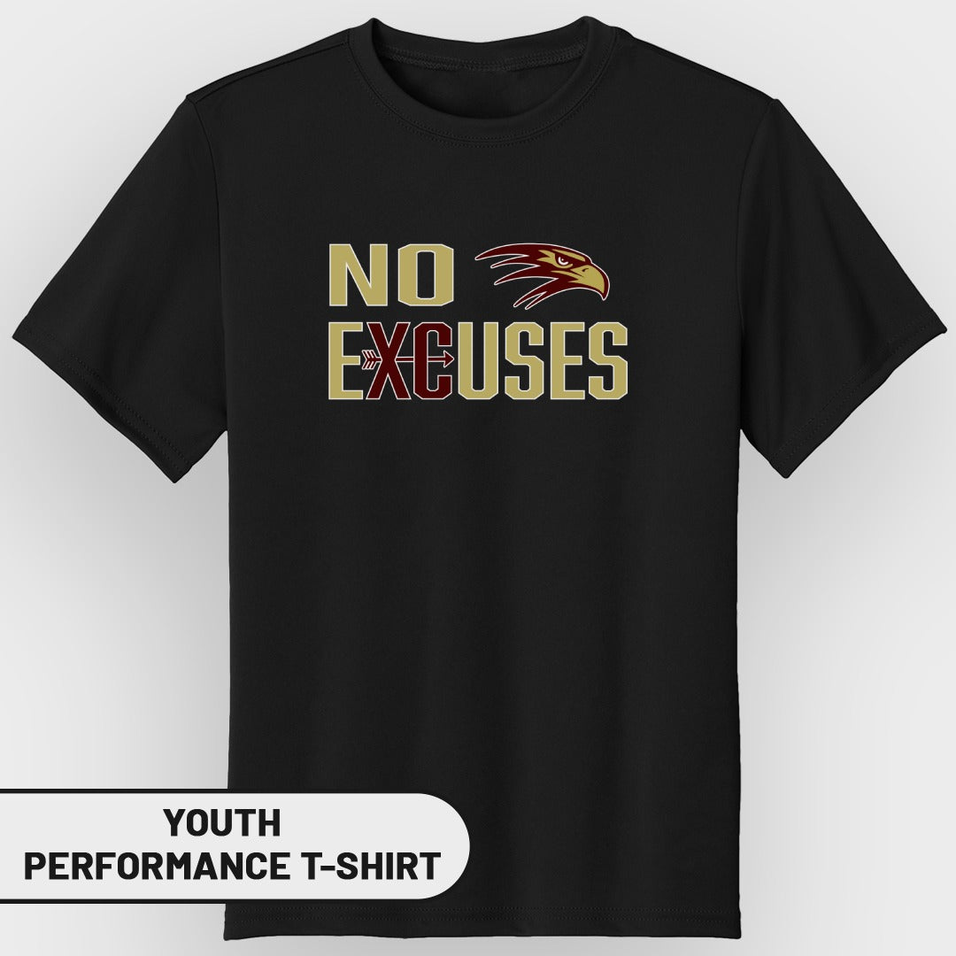 Black youth performance t-shirt with "NO EXCUSES" text and eagle logo.