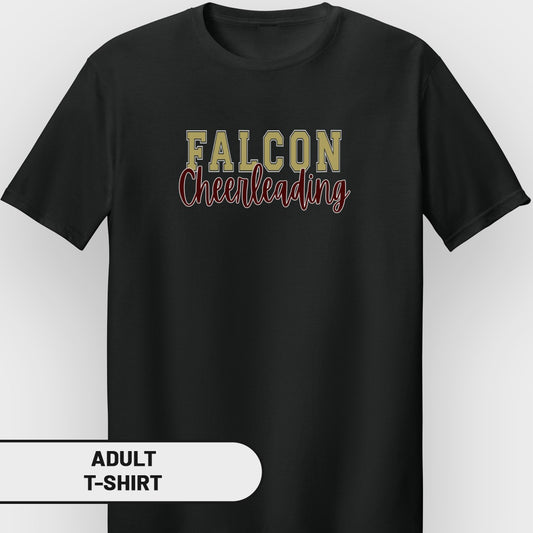 Black adult t-shirt with "FALCON Cheerleading" text graphic in gold and maroon.