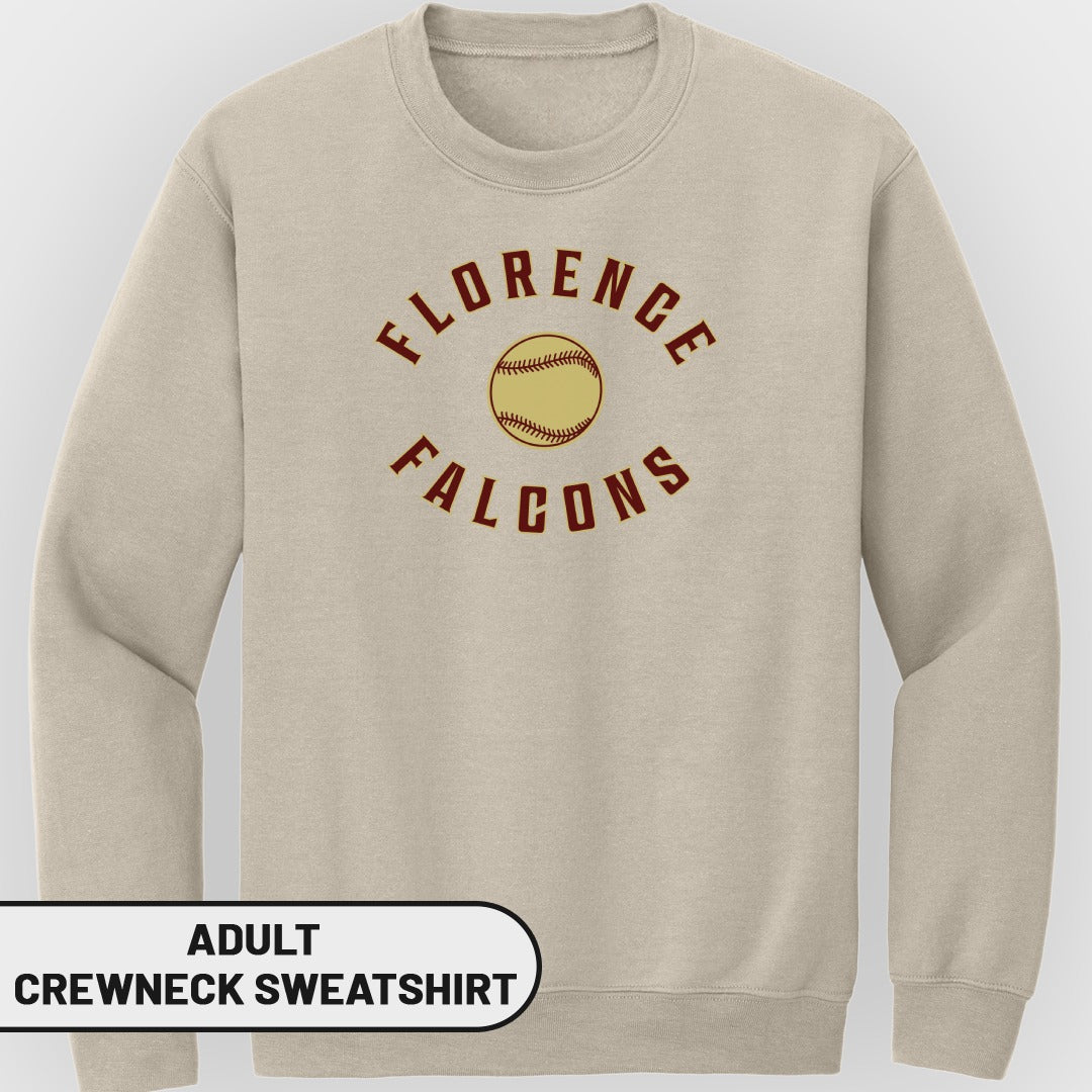 Adult crewneck sweatshirt with "Florence Falcons" text and a softball graphic.