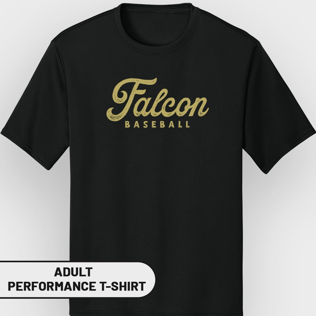 Black adult performance t-shirt with distressed gold "Falcon BASEBALL" graphic.
