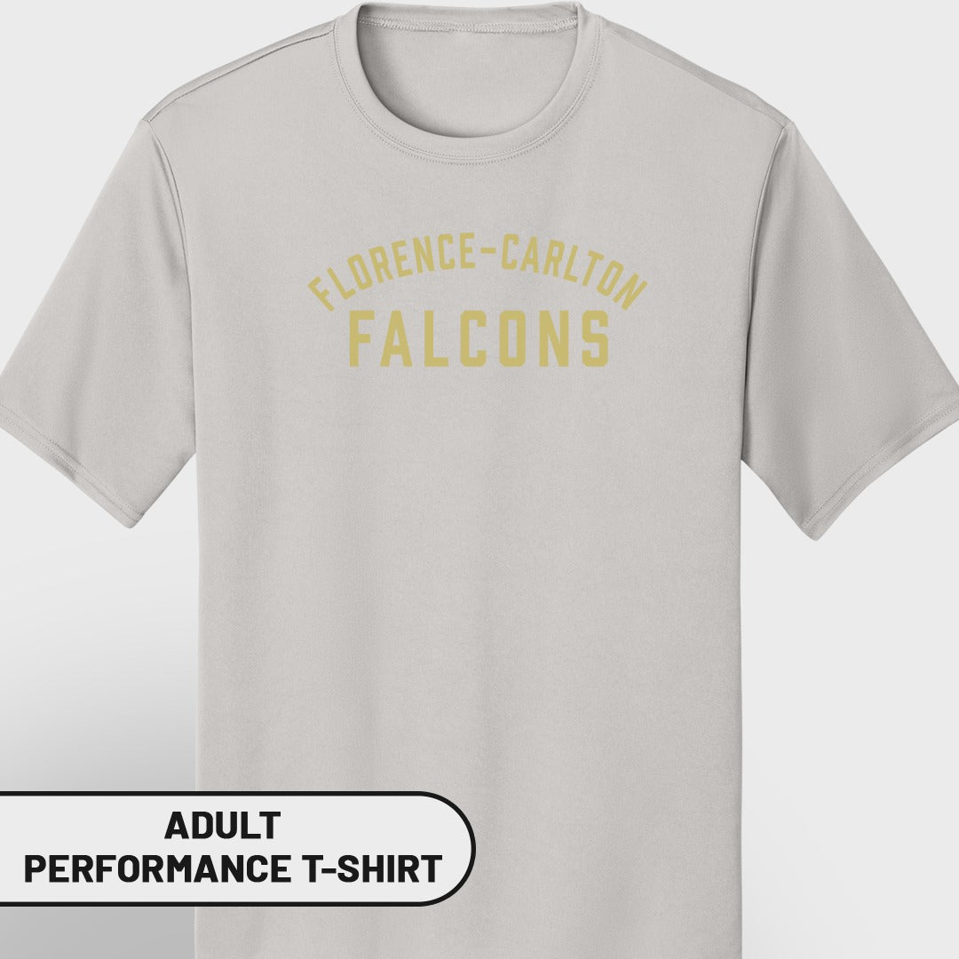 Light gray adult performance t-shirt with "FLORENCE-CARLTON FALCONS" text.