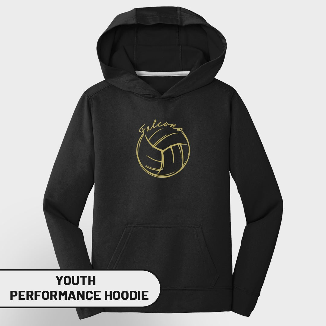 Black youth performance hoodie with gold volleyball and "Falcons" graphic.