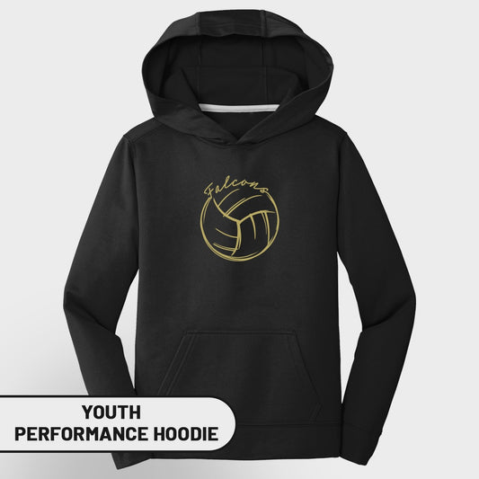 Black youth performance hoodie with gold volleyball and "Falcons" graphic.