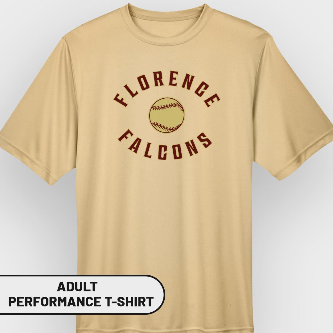 Tan t-shirt with maroon "Florence Falcons" text and baseball graphic.
