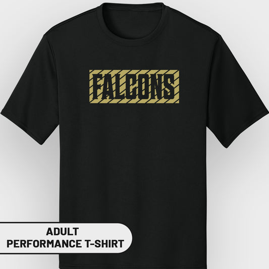 Black adult performance t-shirt with gold "FALCONS" text in a striped box.