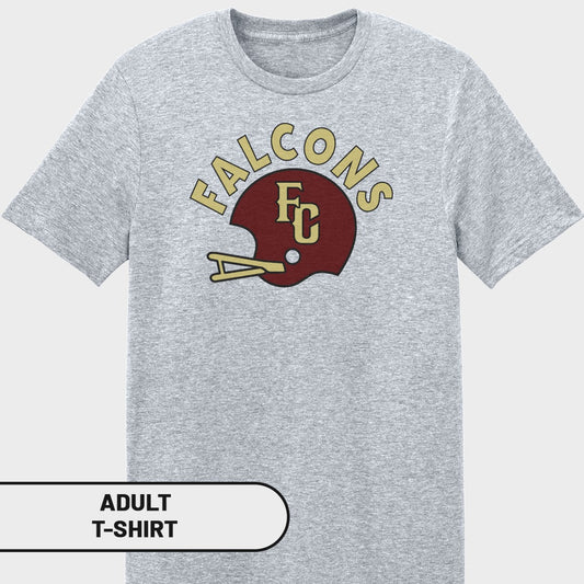 Grey adult t-shirt with maroon and gold "FALCONS FC" helmet graphic.