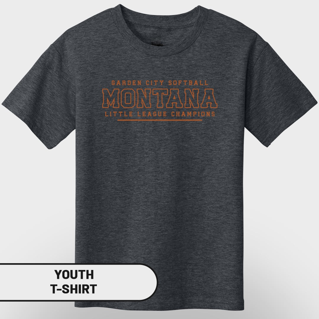 Dark grey youth t-shirt with "Montana Little League Champions" text.