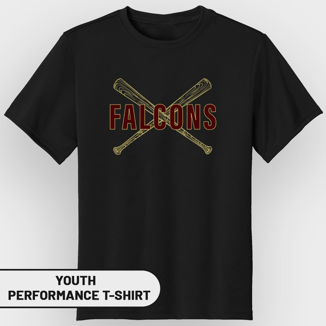Black youth performance t-shirt with crossed baseball bats and "FALCONS" text.