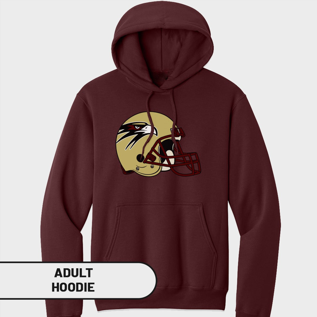Maroon adult hoodie with a gold football helmet featuring a hawk design.