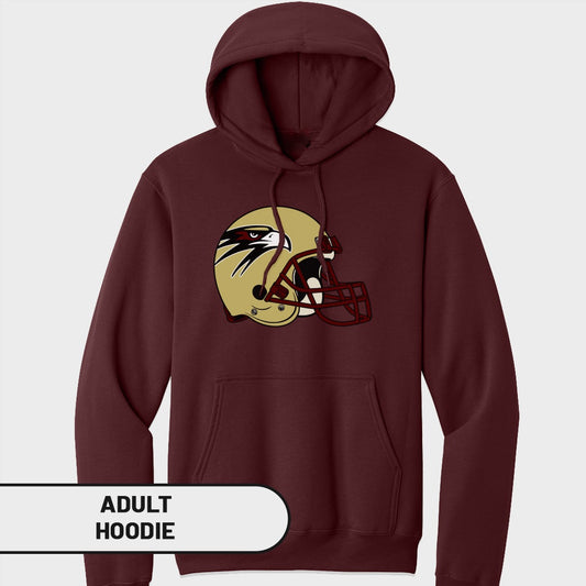 Maroon adult hoodie with a gold football helmet featuring a hawk design.