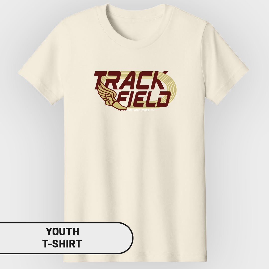 Cream youth t-shirt with "TRACK FIELD" graphic and winged shoe.