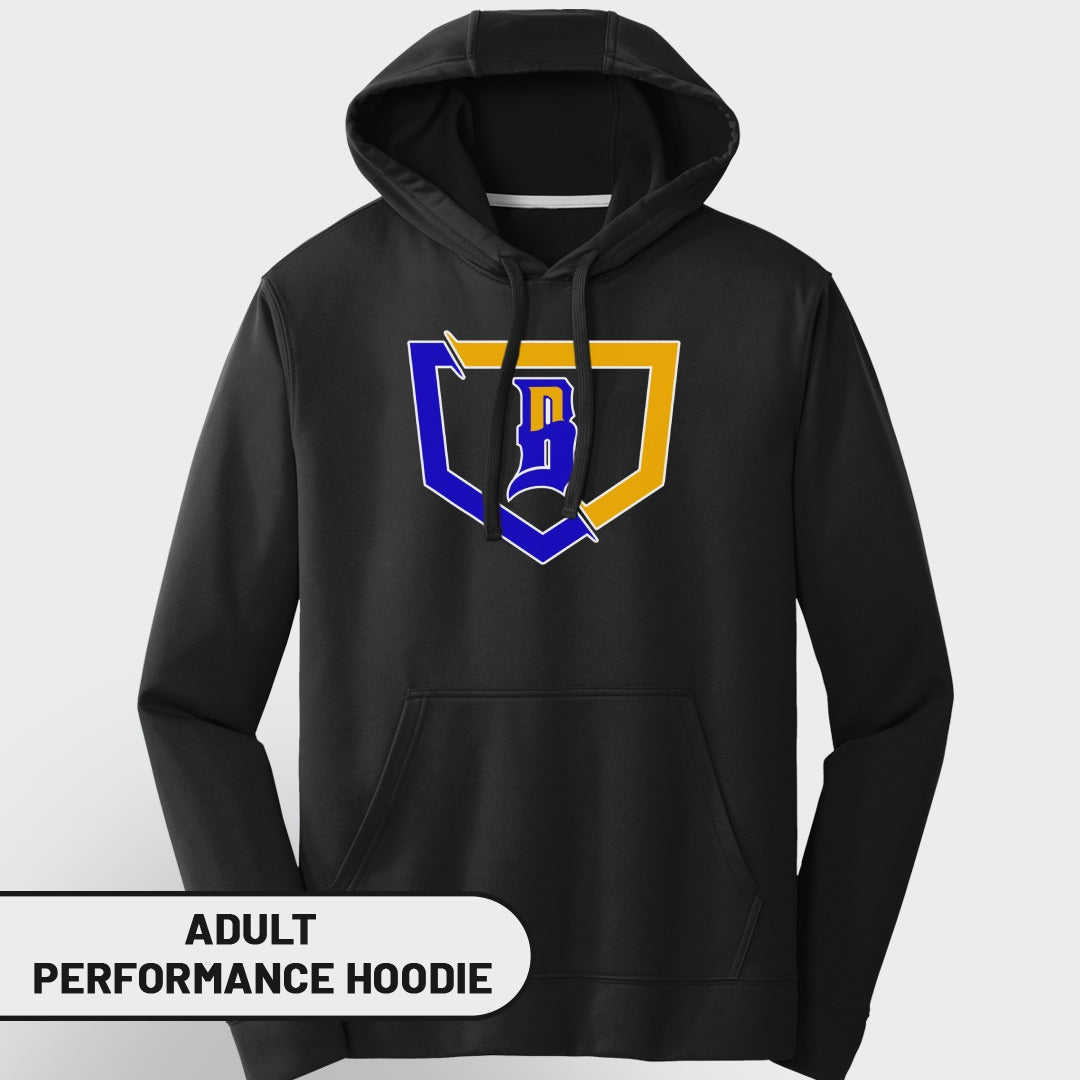 Black adult performance hoodie with a blue and yellow shield logo.