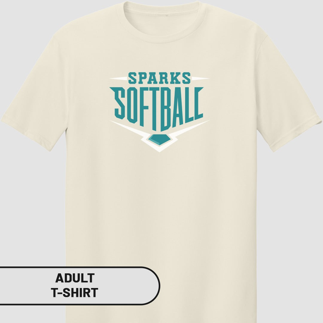 Cream adult t-shirt with "Sparks Softball" logo.