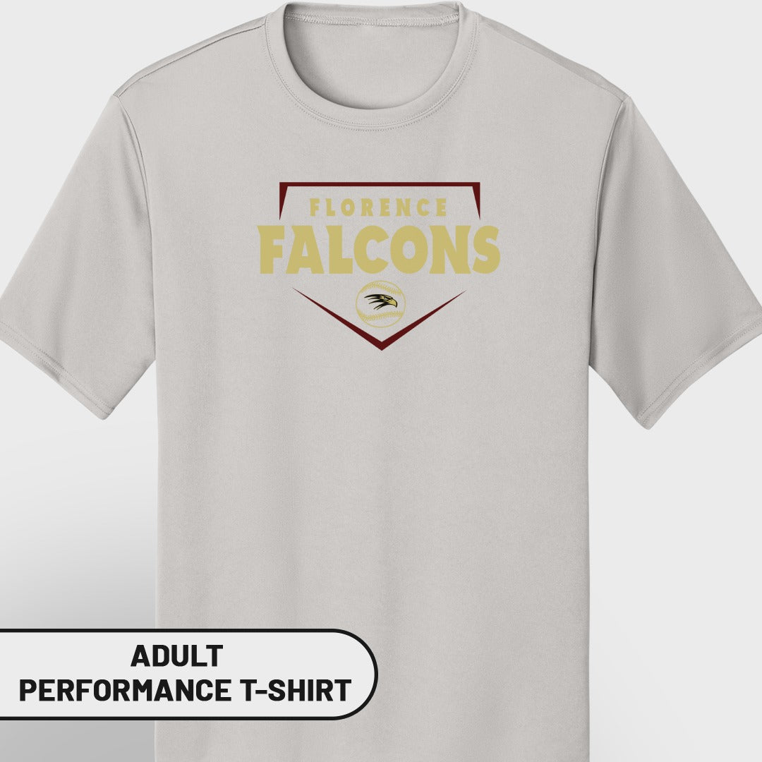 Light grey adult performance t-shirt with Florence Falcons logo.