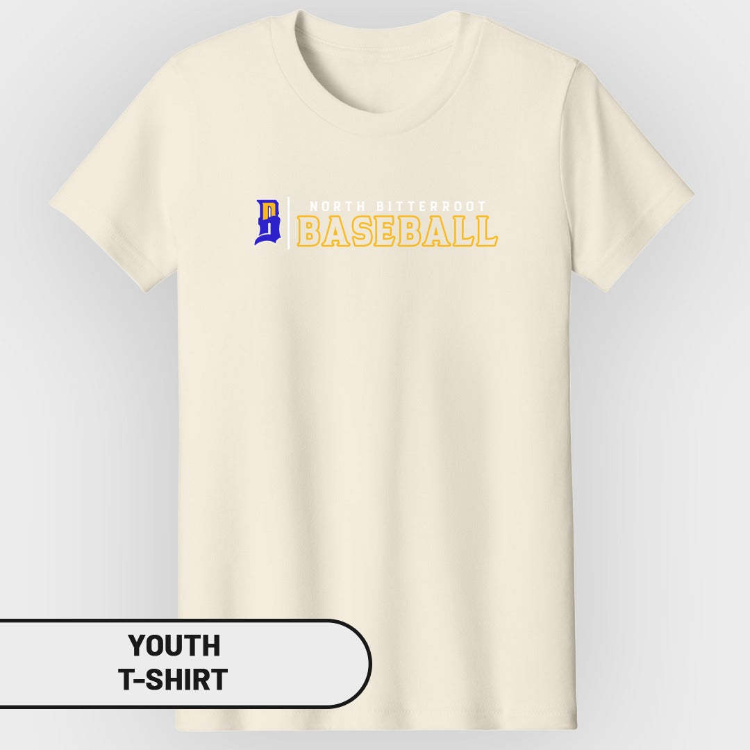 Cream youth t-shirt with "North Bitterroot Baseball" text and a blue and yellow logo.