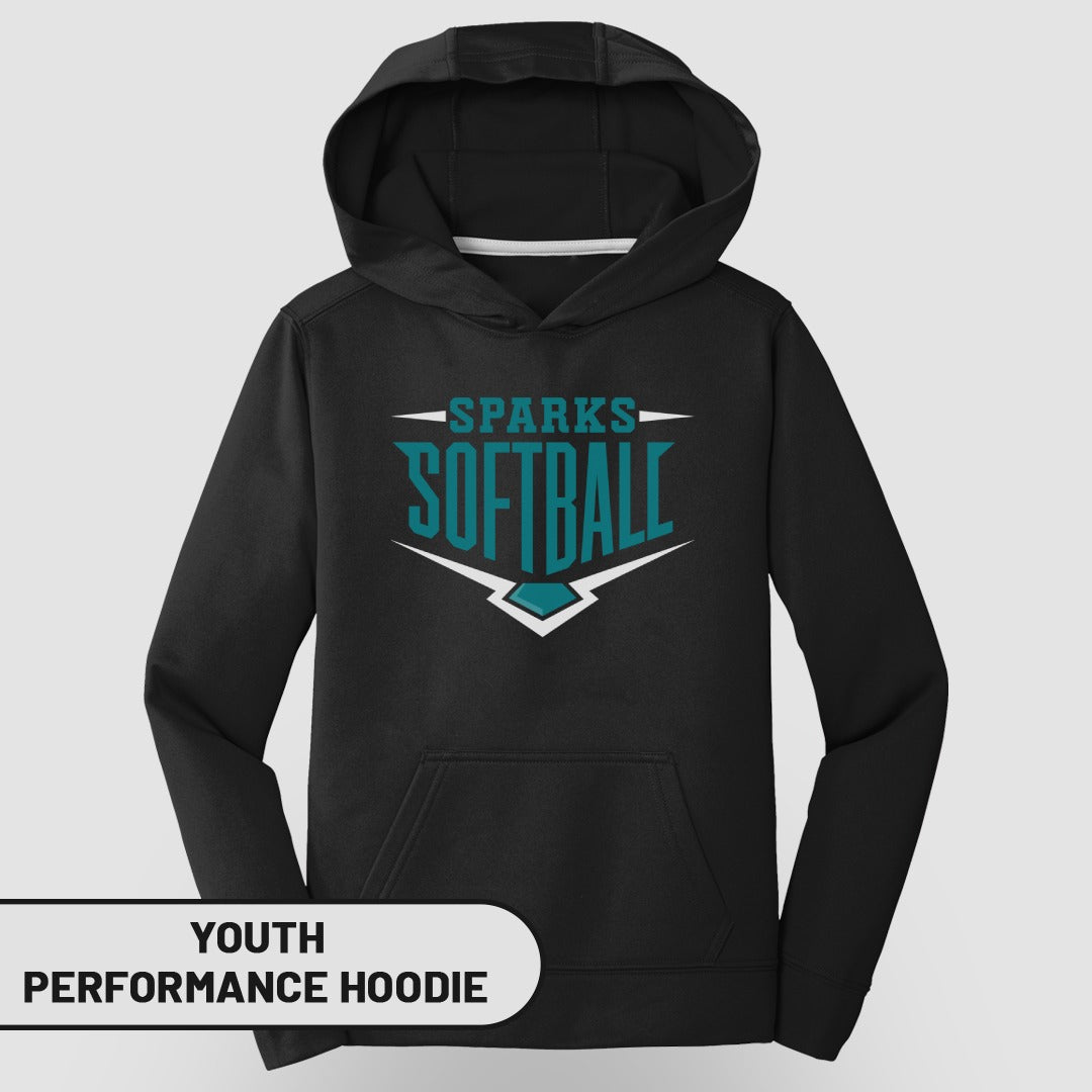 Youth black performance hoodie with "Sparks Softball" logo.