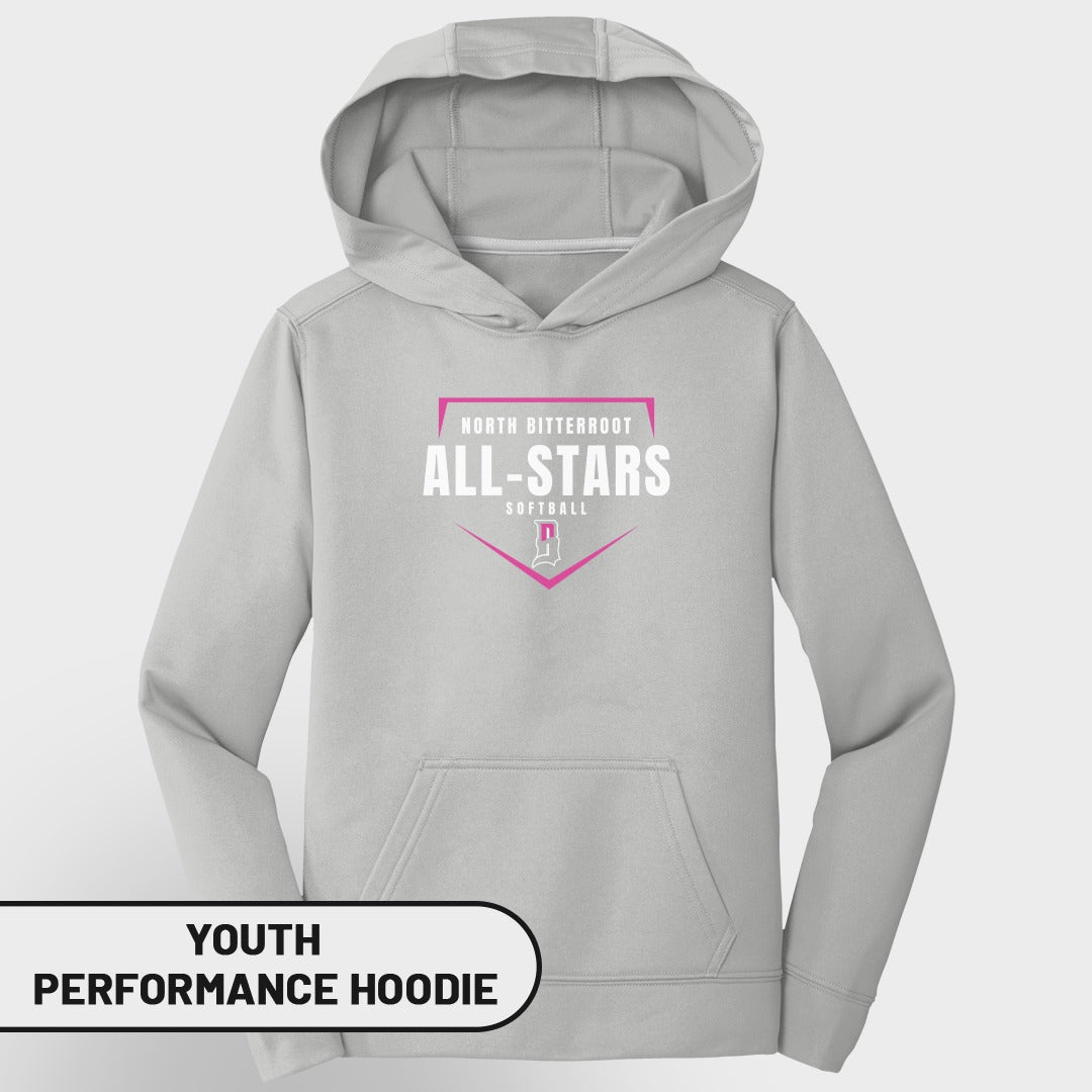 Youth North Bitterroot All-Stars Softball performance hoodie in light gray.