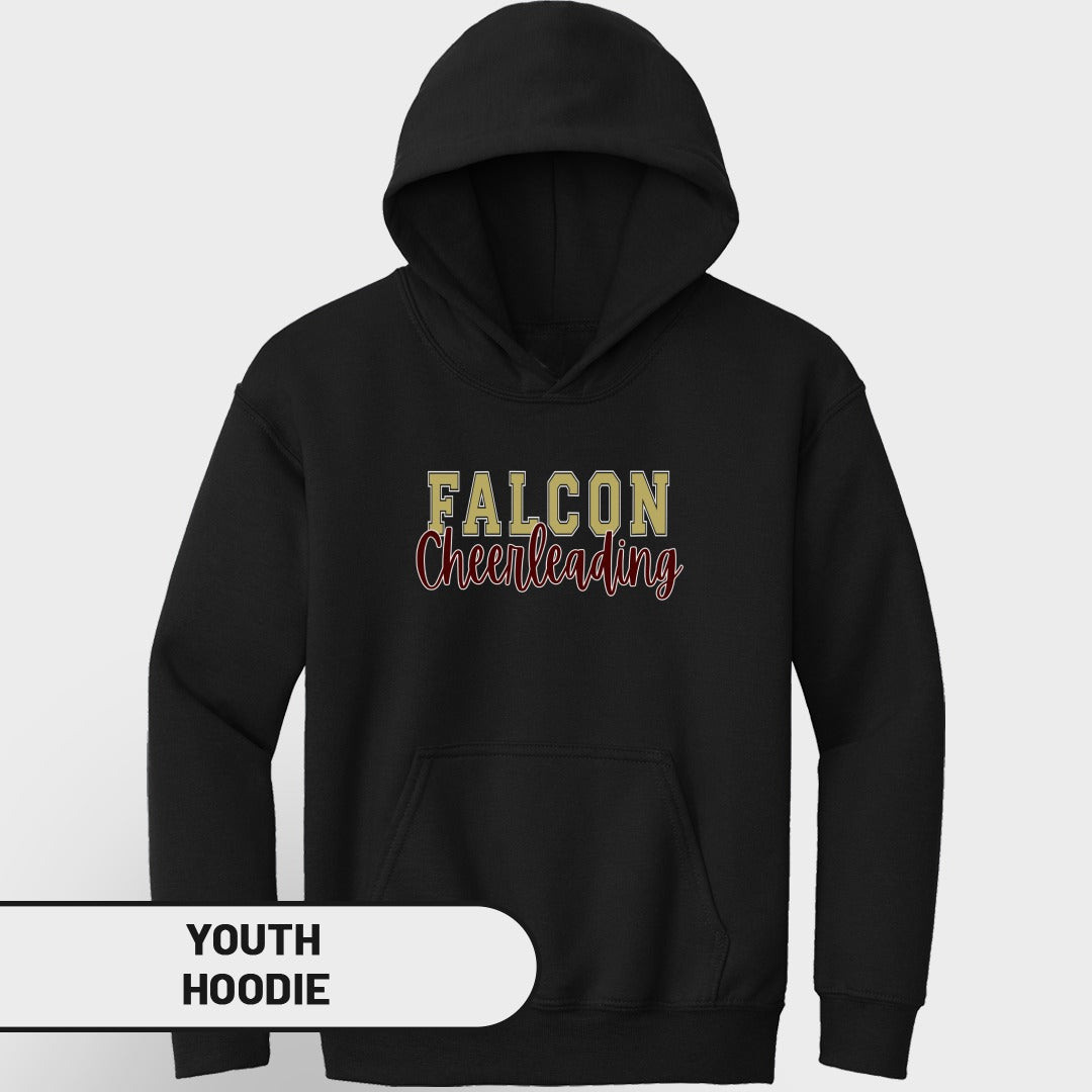 Black youth hoodie with "FALCON Cheerleading" text across the chest.