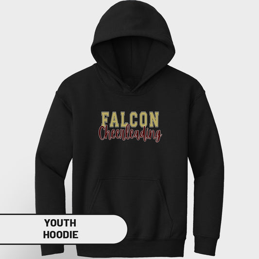Black youth hoodie with "FALCON Cheerleading" text across the chest.