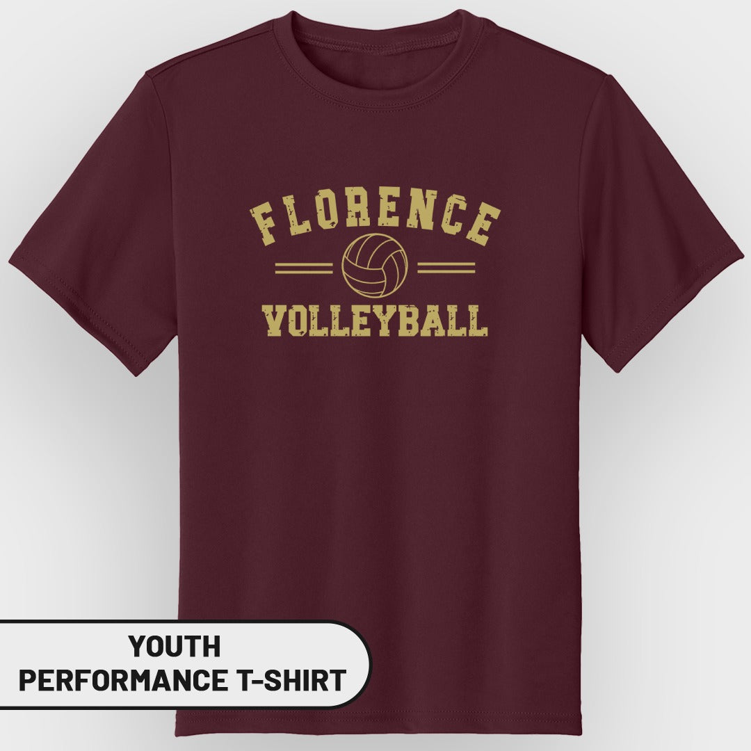 Maroon youth performance t-shirt with "Florence Volleyball" and a volleyball graphic.