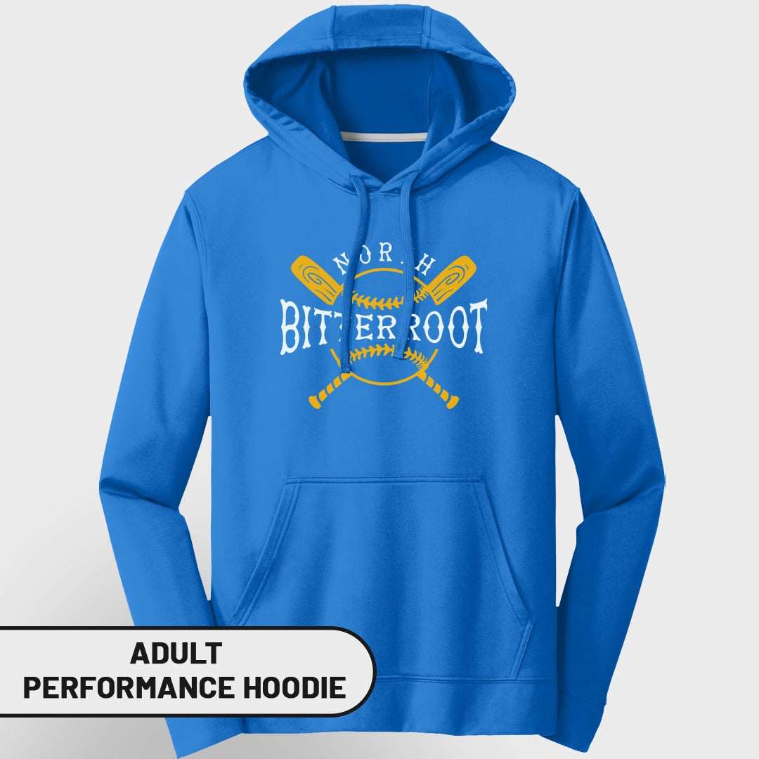 Blue adult performance hoodie with "North Bitter Root" and baseball graphic.