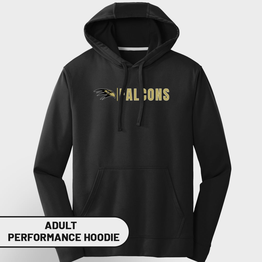 Black adult performance hoodie with gold "FALCONS" text and logo.