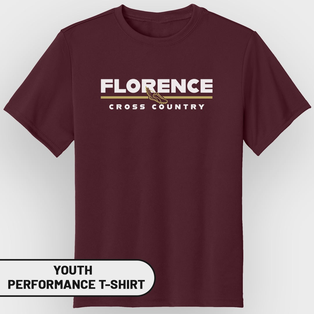 Youth maroon performance t-shirt with Florence Cross Country graphic and winged shoe.