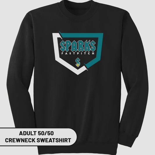 Black Sparks Fastpitch crewneck sweatshirt with logo.