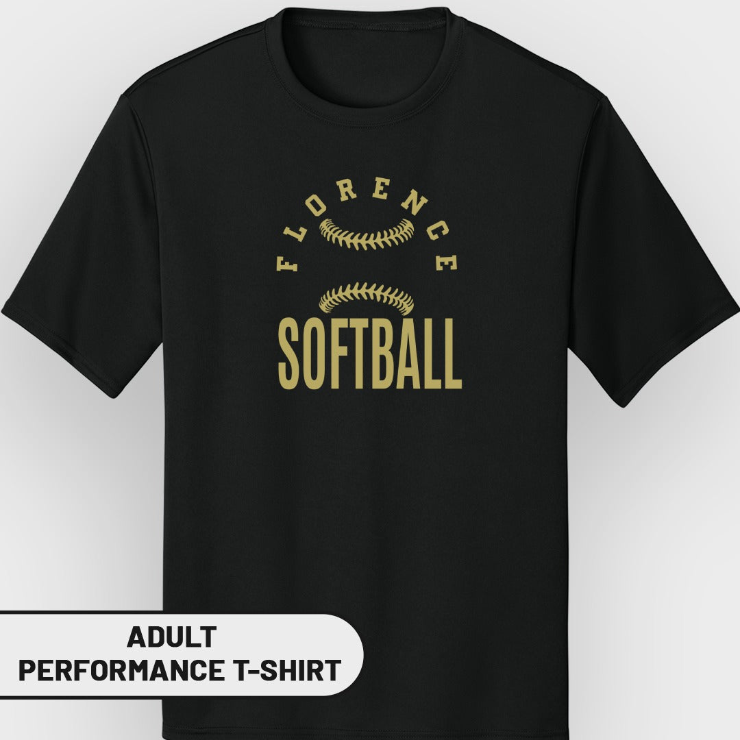 Black adult performance t-shirt with "Florence Softball" text and baseball graphics.
