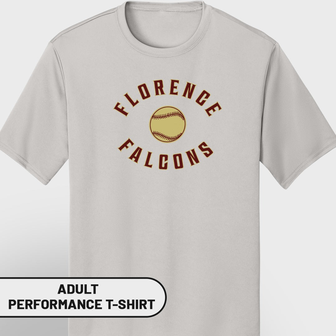Light grey adult performance t-shirt with "Florence Falcons" and a baseball graphic.