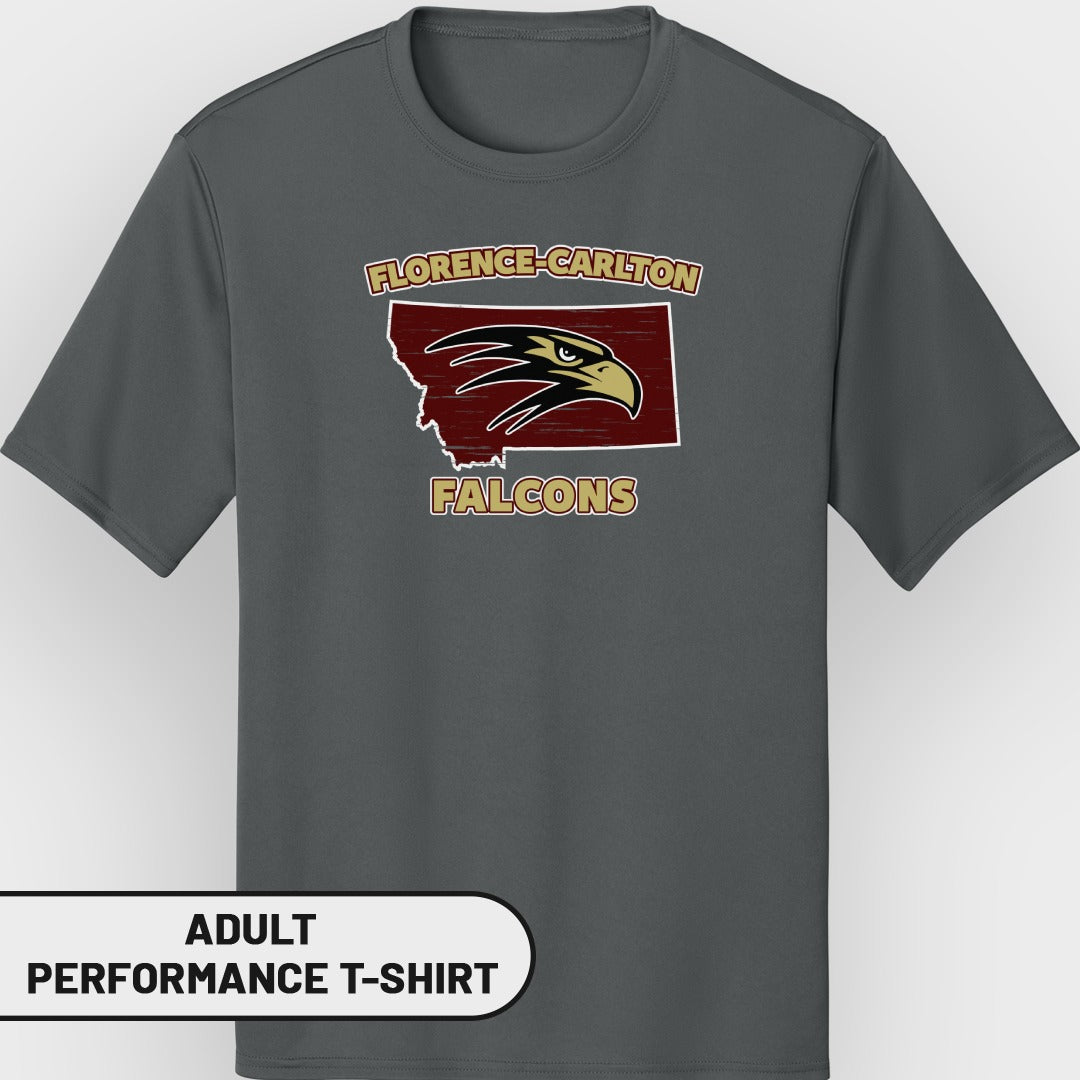 Gray adult performance t-shirt with Florence-Carlton Falcons logo.