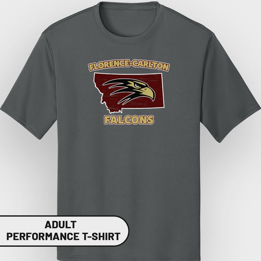 Gray adult performance t-shirt with Florence-Carlton Falcons logo.