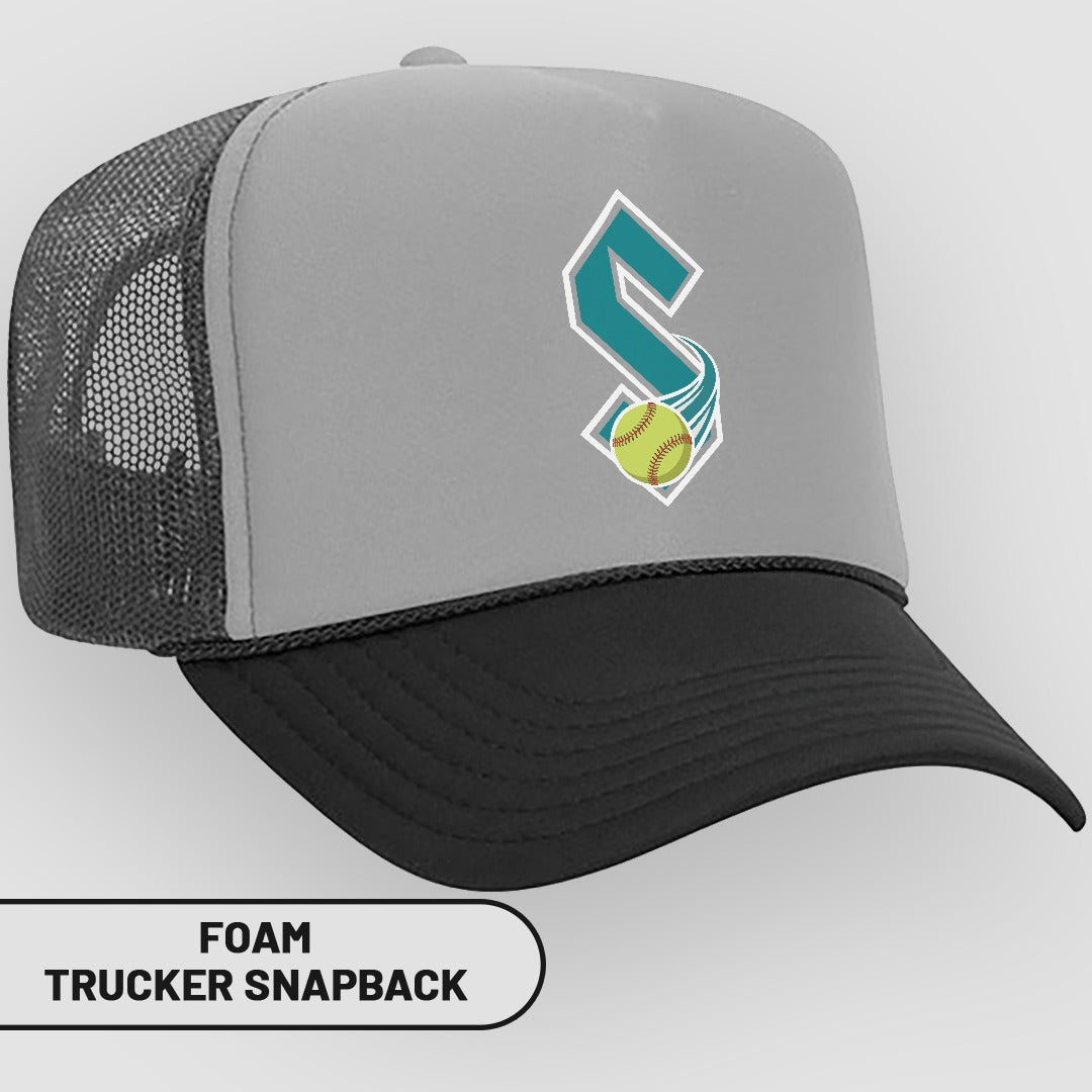 Gray foam trucker snapback with a softball logo on the front.