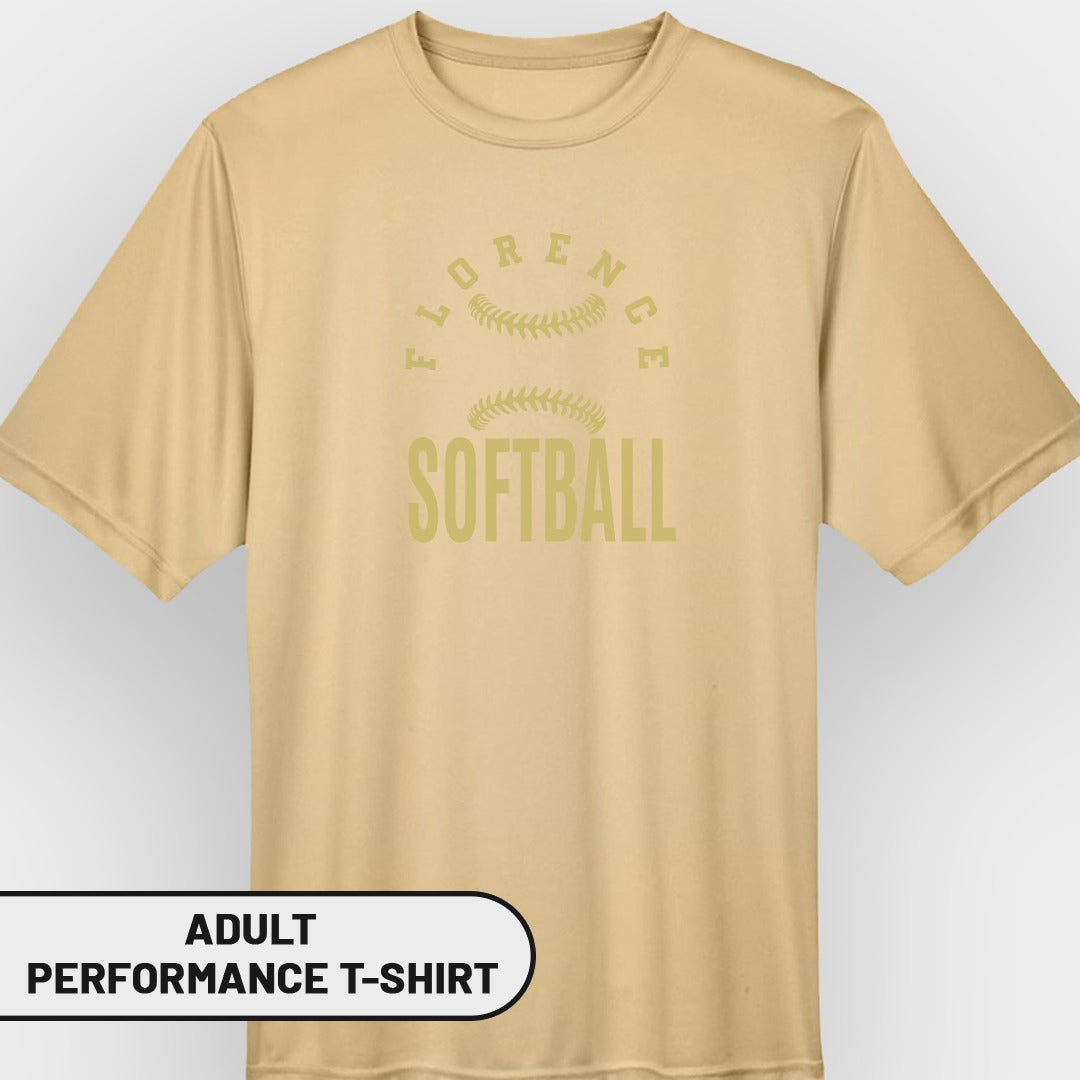 Tan adult performance t-shirt with "Florence Softball" graphic.