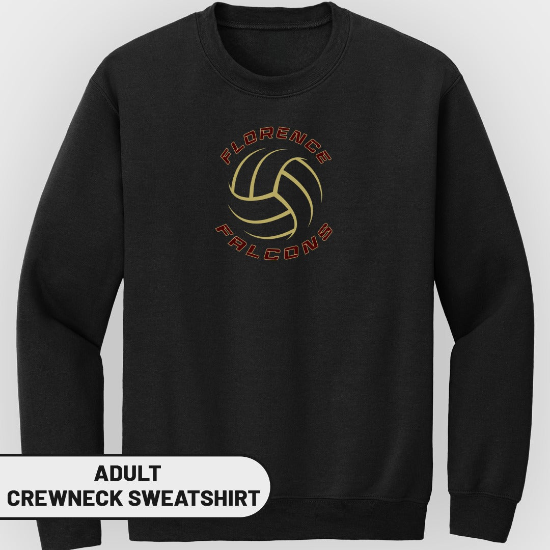 Black adult crewneck sweatshirt with Florence Falcons volleyball logo.