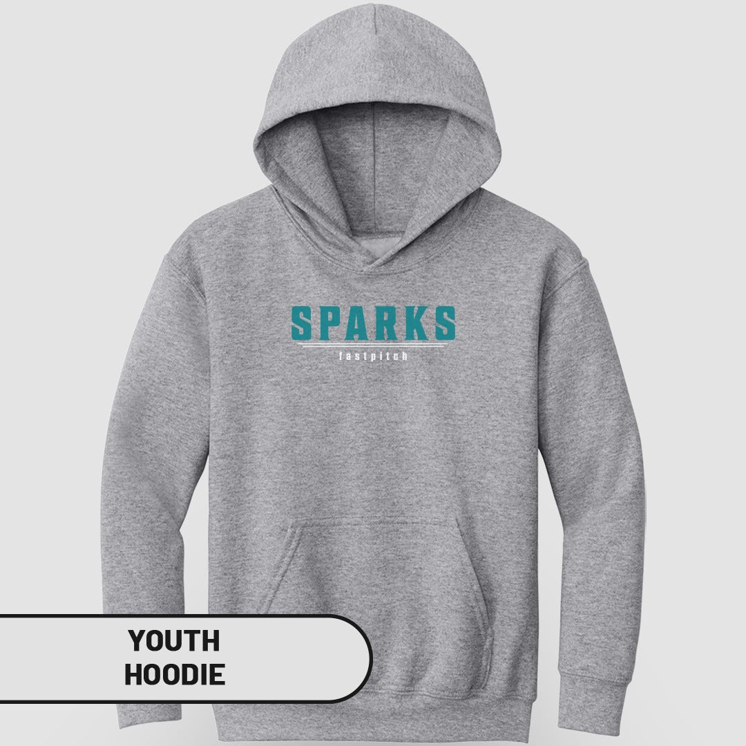 Grey youth hoodie with "SPARKS fastpitch" logo on chest.